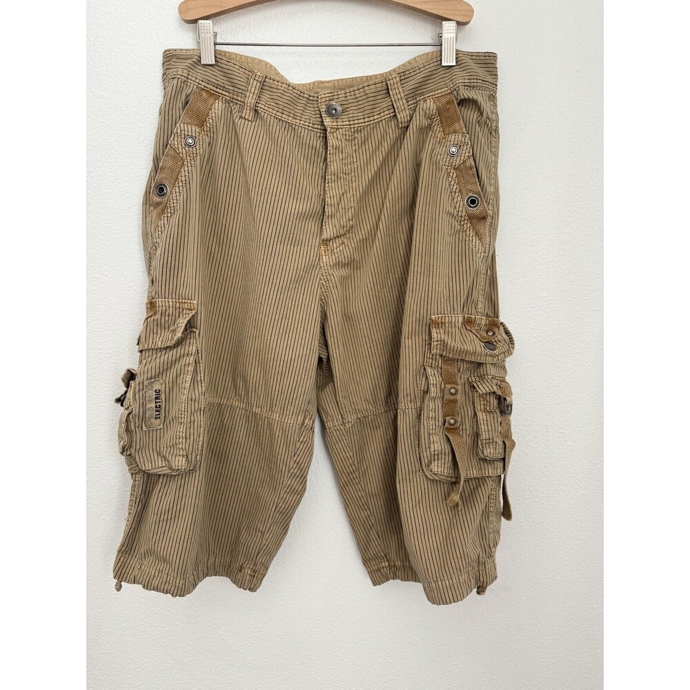 Junye Jeans Shorts Cargo Men Size 38 Black Tan Pinstripe 90s Grunge Hip hop